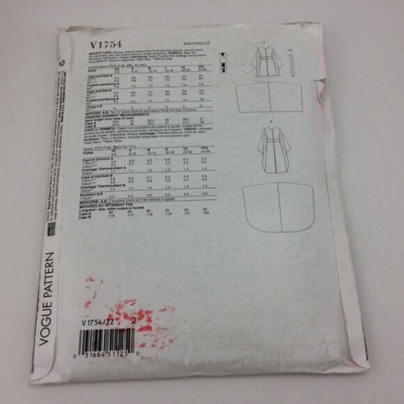 Vogue 1754 Easy Cape Pattern in 2 Lengths Lrg Xlg Xxl Uncut Sz 16 18 20 22 24 26 - Picture 6 of 11